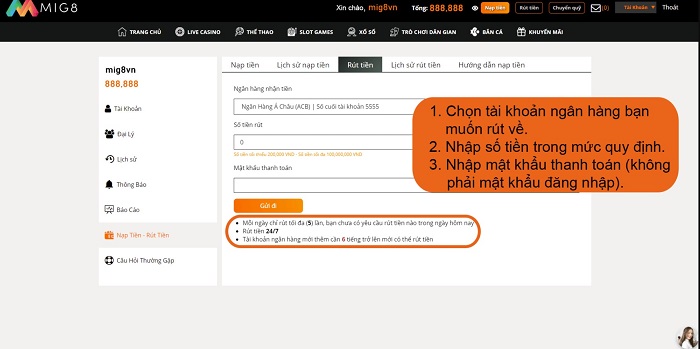 Nạp tiền và rút tiền tại MIG8 như thế nào?